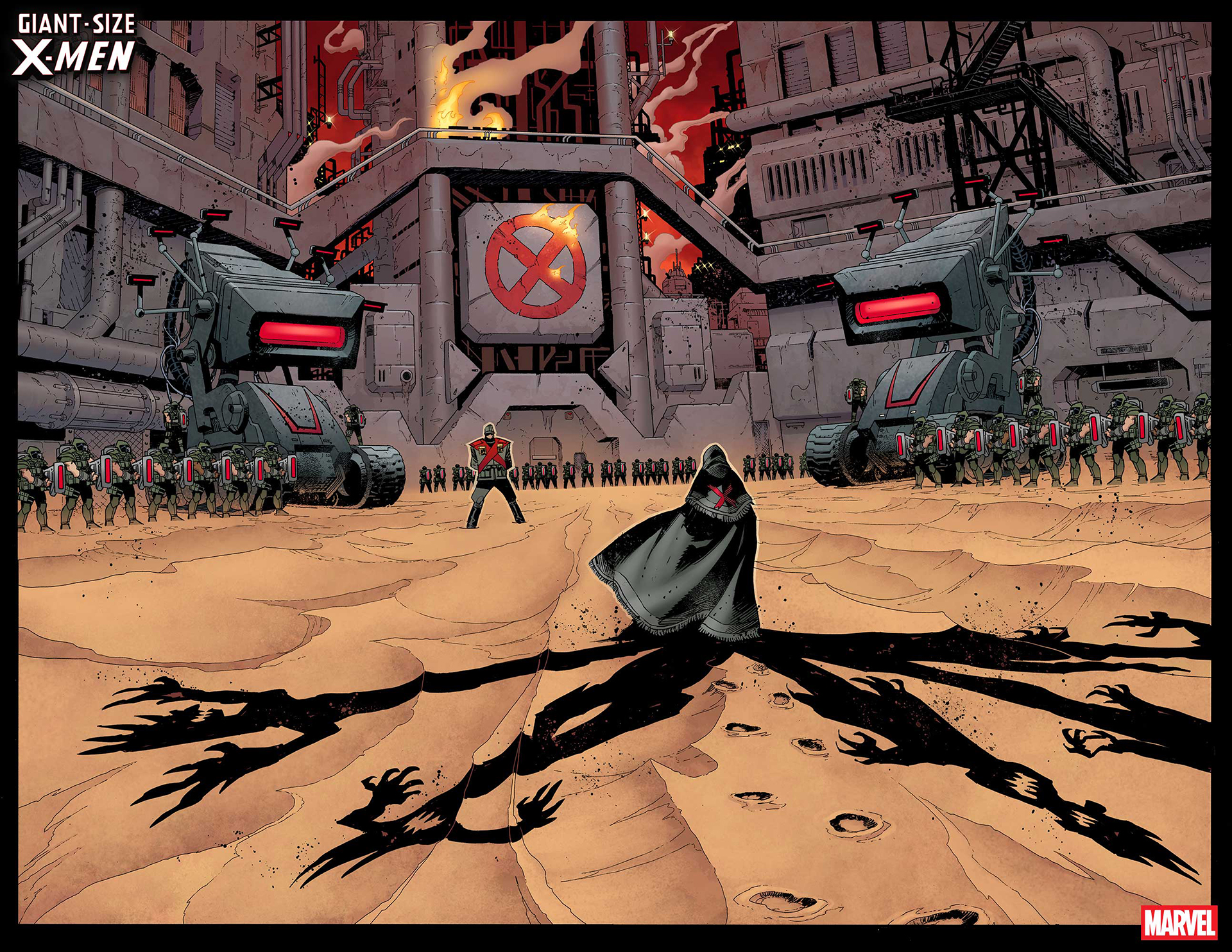 A loan figure in a cloak standing against an army outside a massive fortress marked with the X-Men logo.