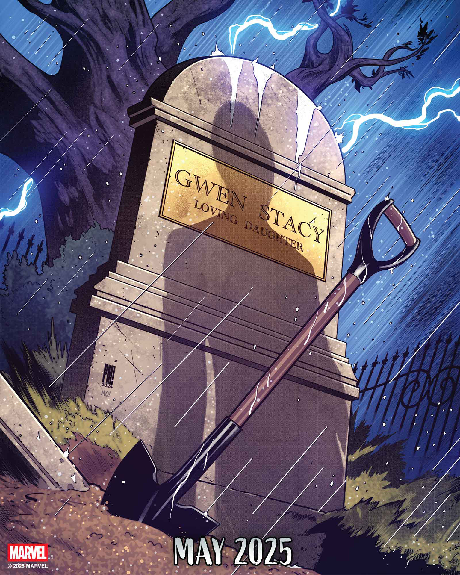 A shovel sitting by the open grave of Gwen Stacy