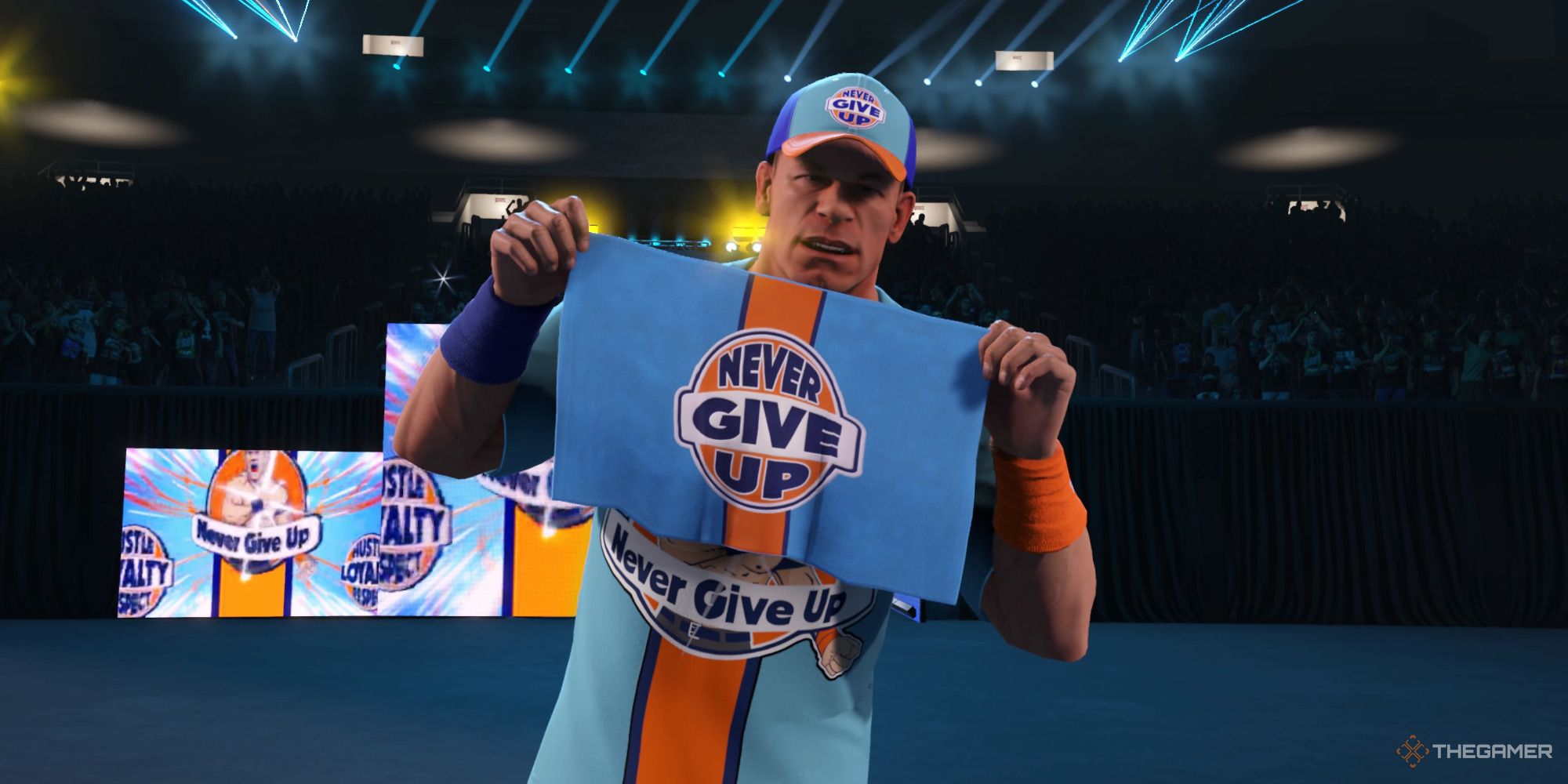 John Cena walks out with a never give up flag in WWE 2K24.