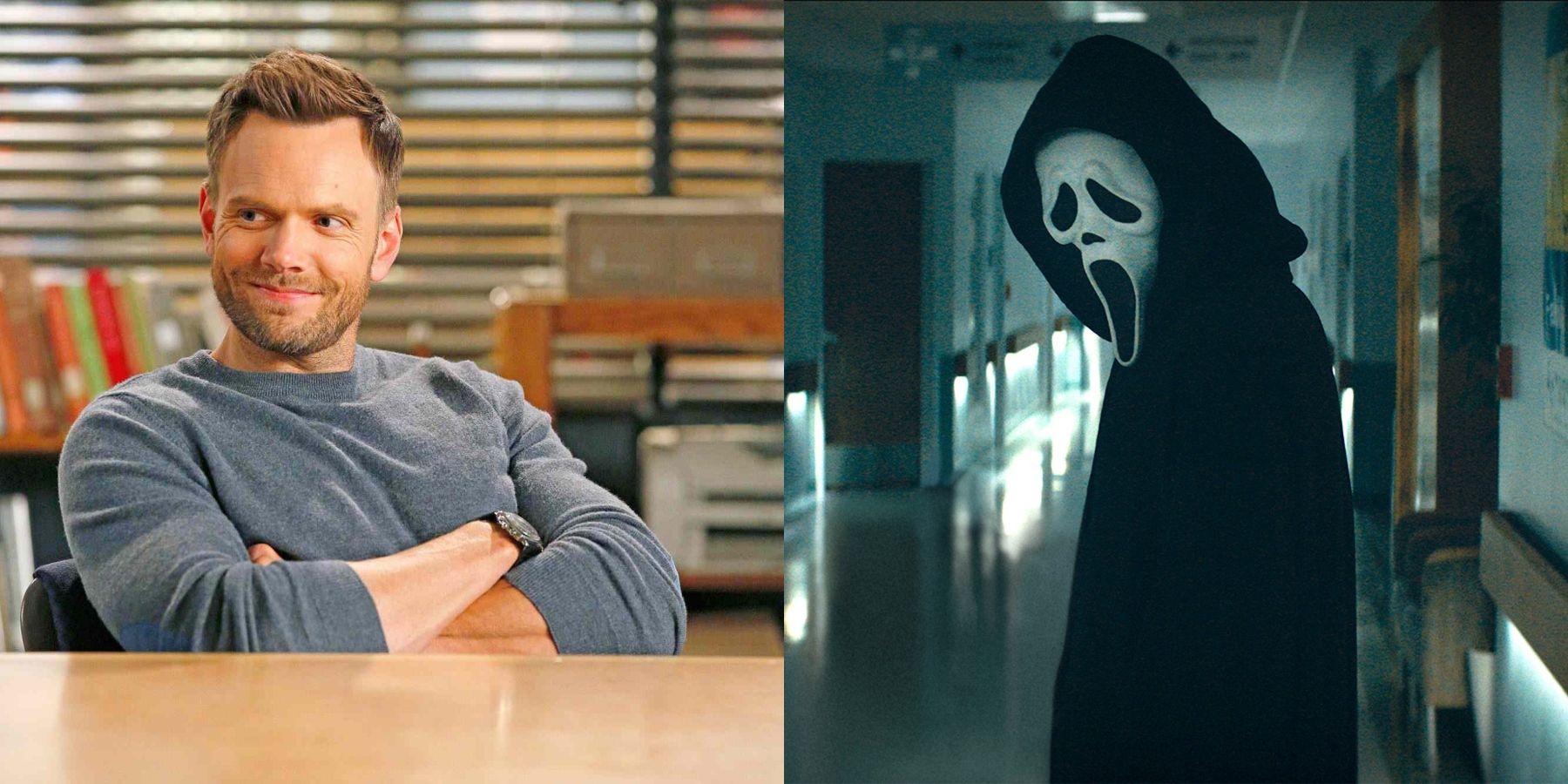 Split image of Joel McHale on Community and Ghostface in Scream