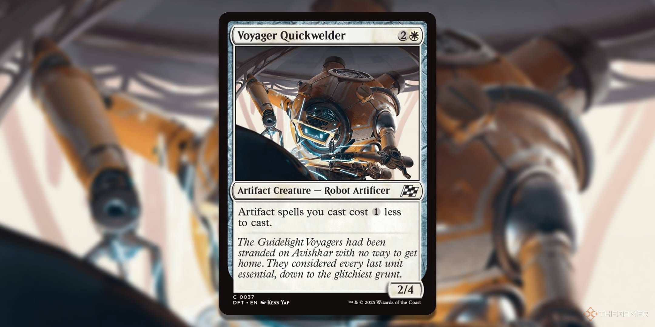 MTG Voyage Quickwelder card with the art in the background.