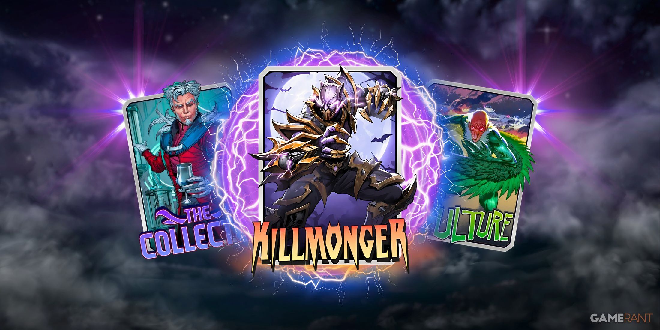 killmonger, collector, and vulture from marvel snap's pool two cards.