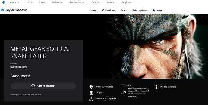 PSN Store web screenshot showing Metal Gear Solid Delta release date