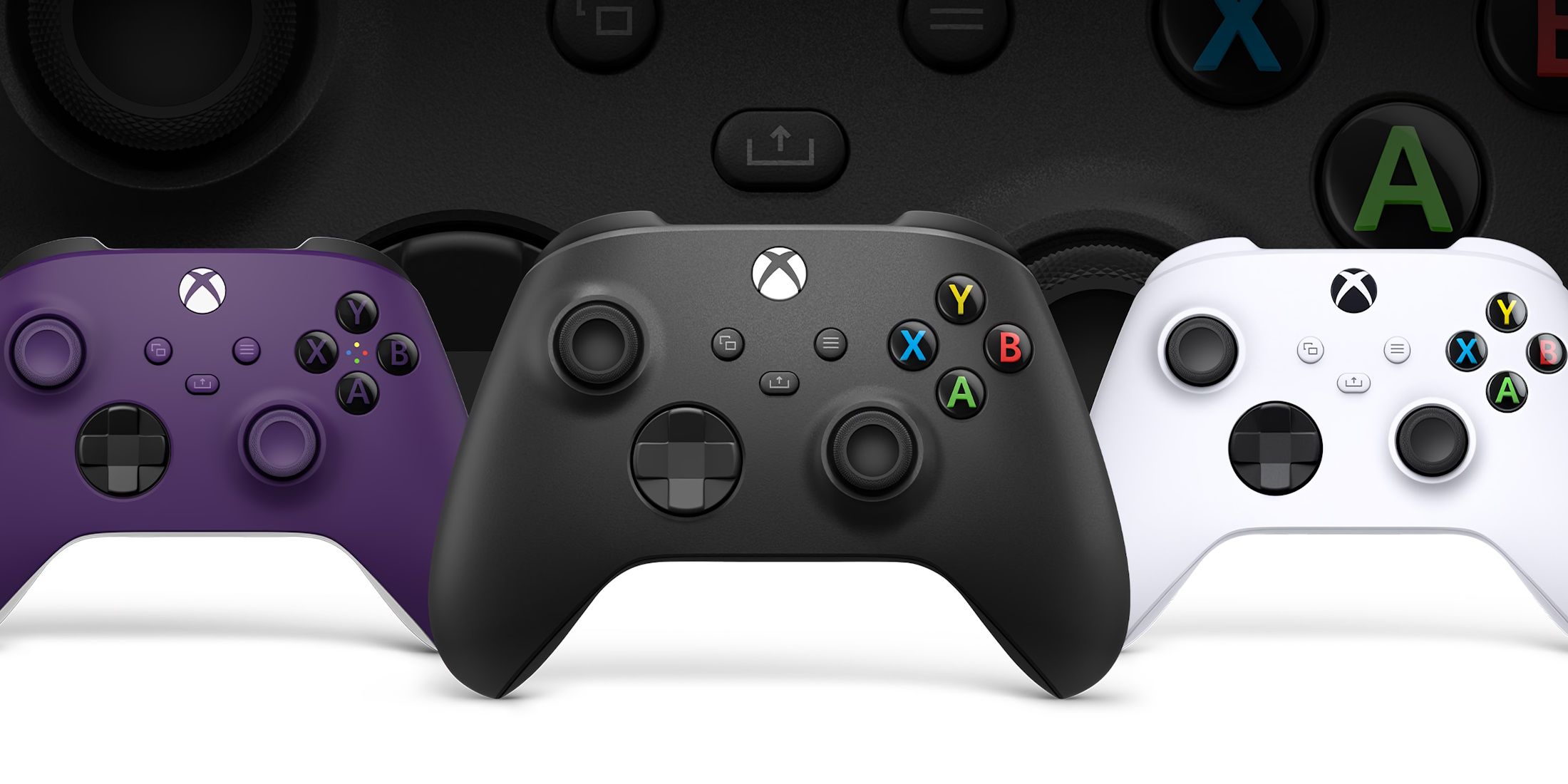 A promotional visual for Xbox showing several controllers.