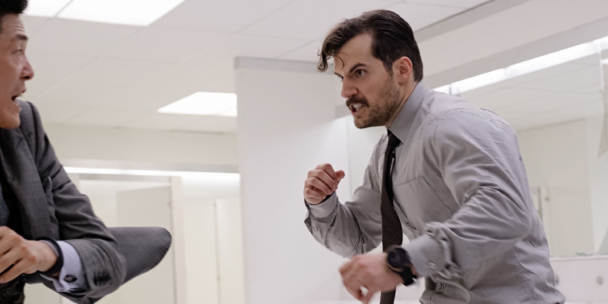 Henry Cavill in a restroom fight scene in Mission: Impossible - Fallout