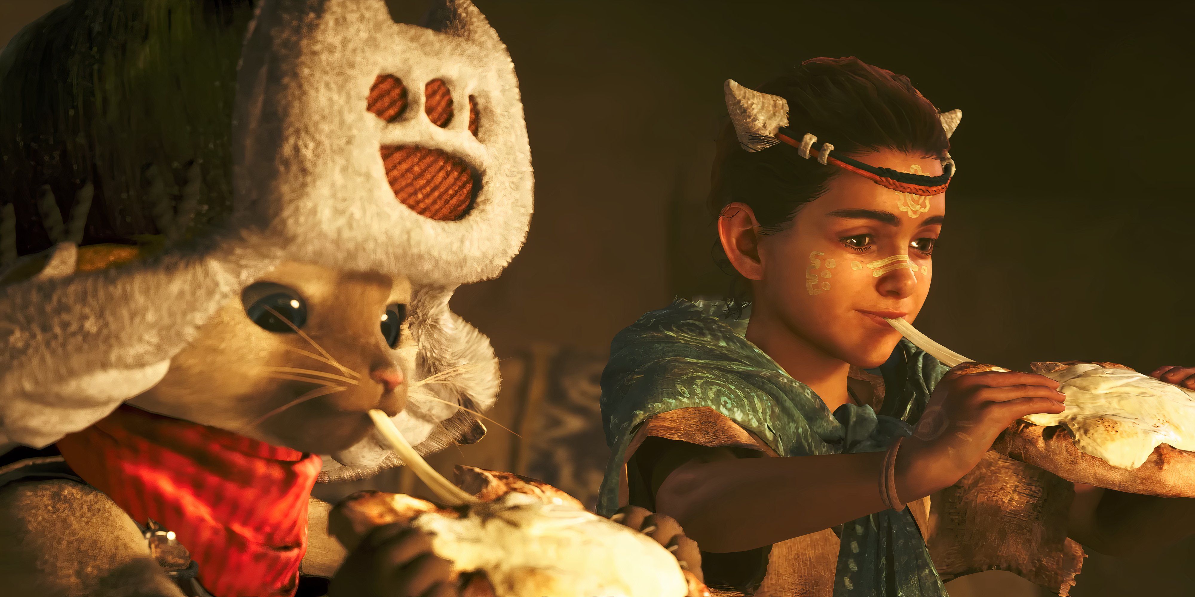 Monster Hunter Wilds palico eating what looks like cheese on toast.