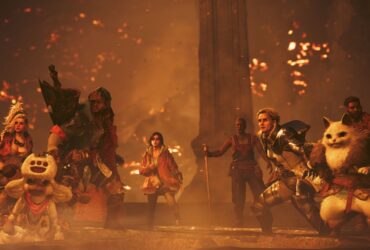 The Hunter and allies look on at a fiery scene in Monster Hunter Wilds