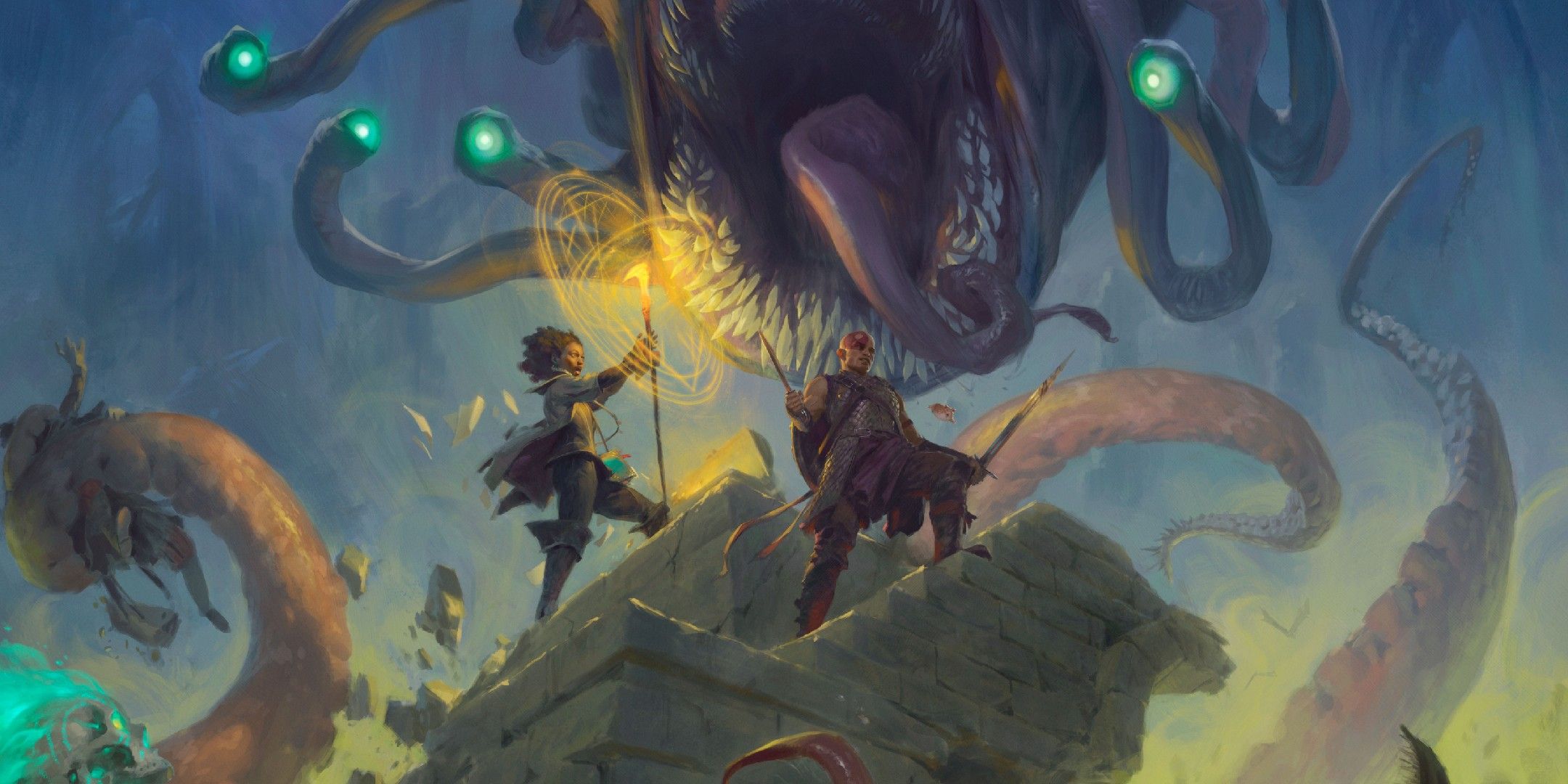 Dungeons & Dragons image showing Vajra Safahr and Minsc with a beholder behind them.