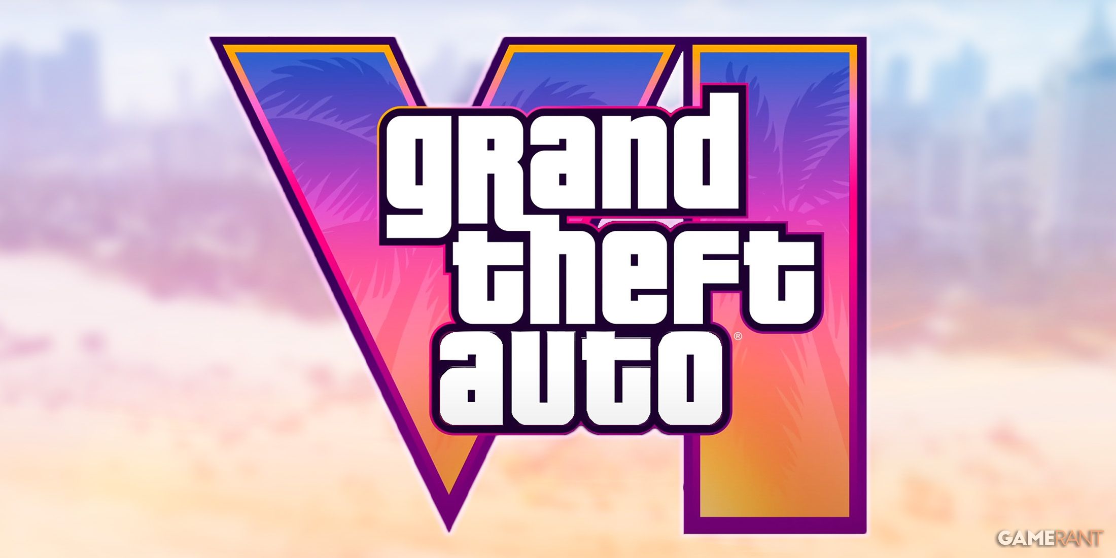 Grand Theft Auto VI logo over blurred GTA 6 trailer 1 birds-eye-view of beach still frame