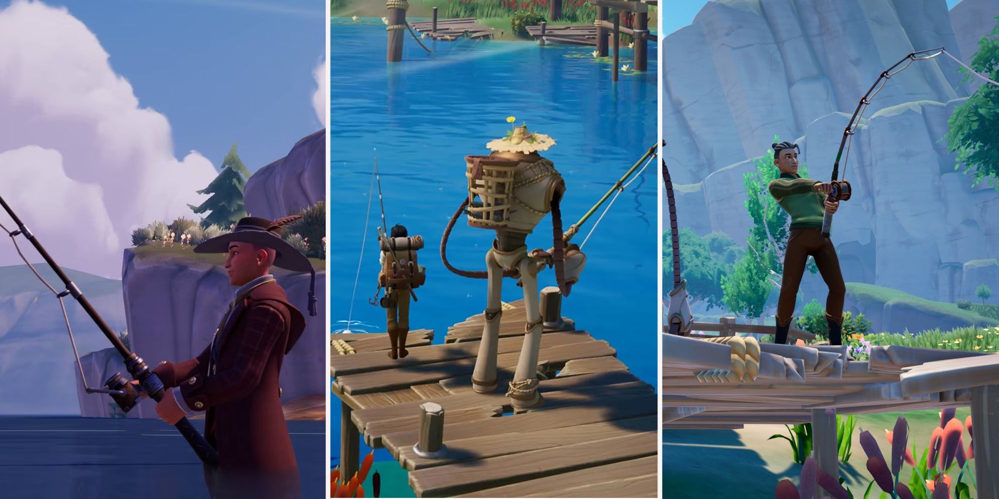 Split image of various fishing spots in Palia