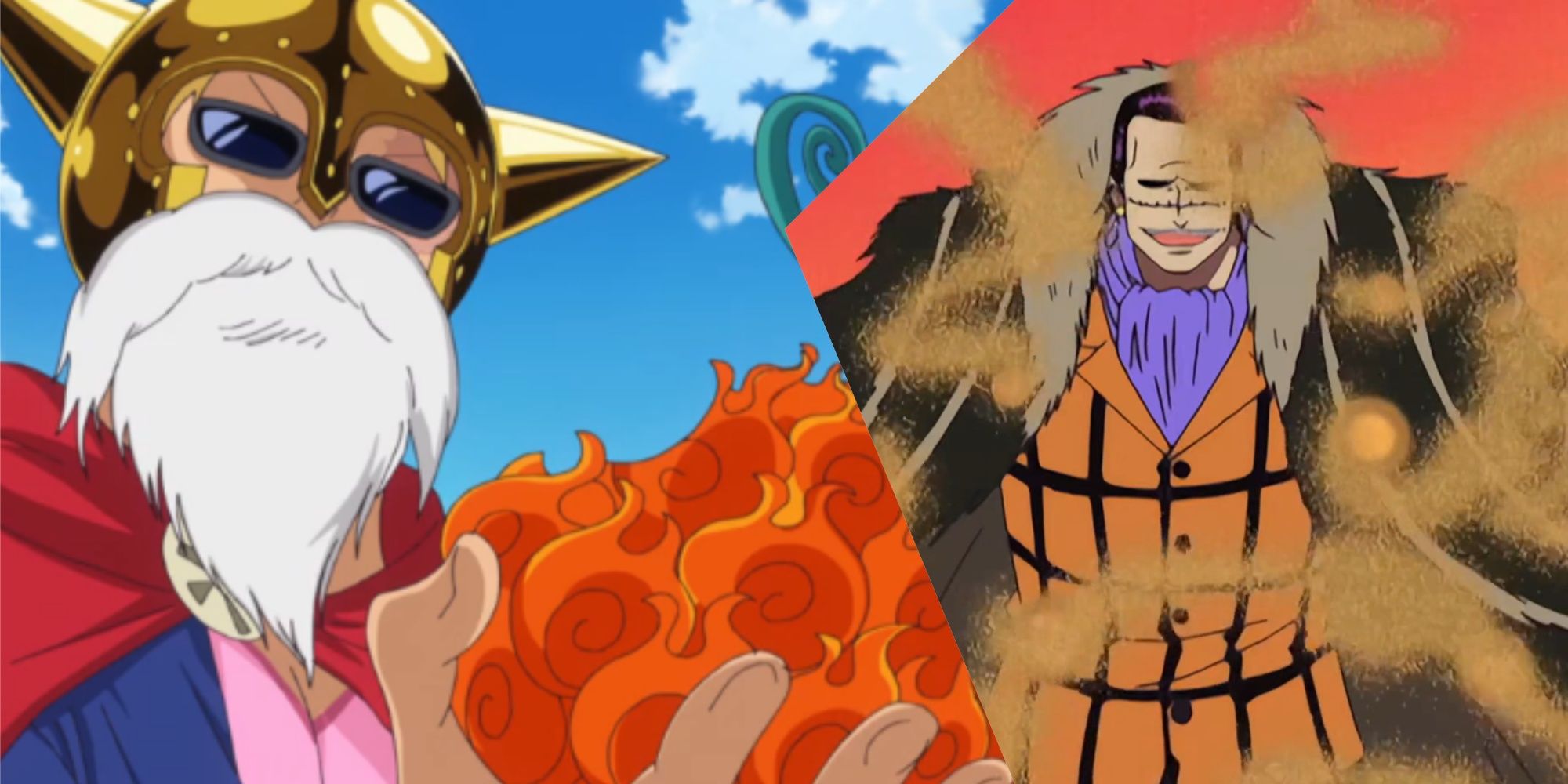 Sabo eating Mera Mera no Mi; Crocodile using Suna Suna no Mi in One Piece