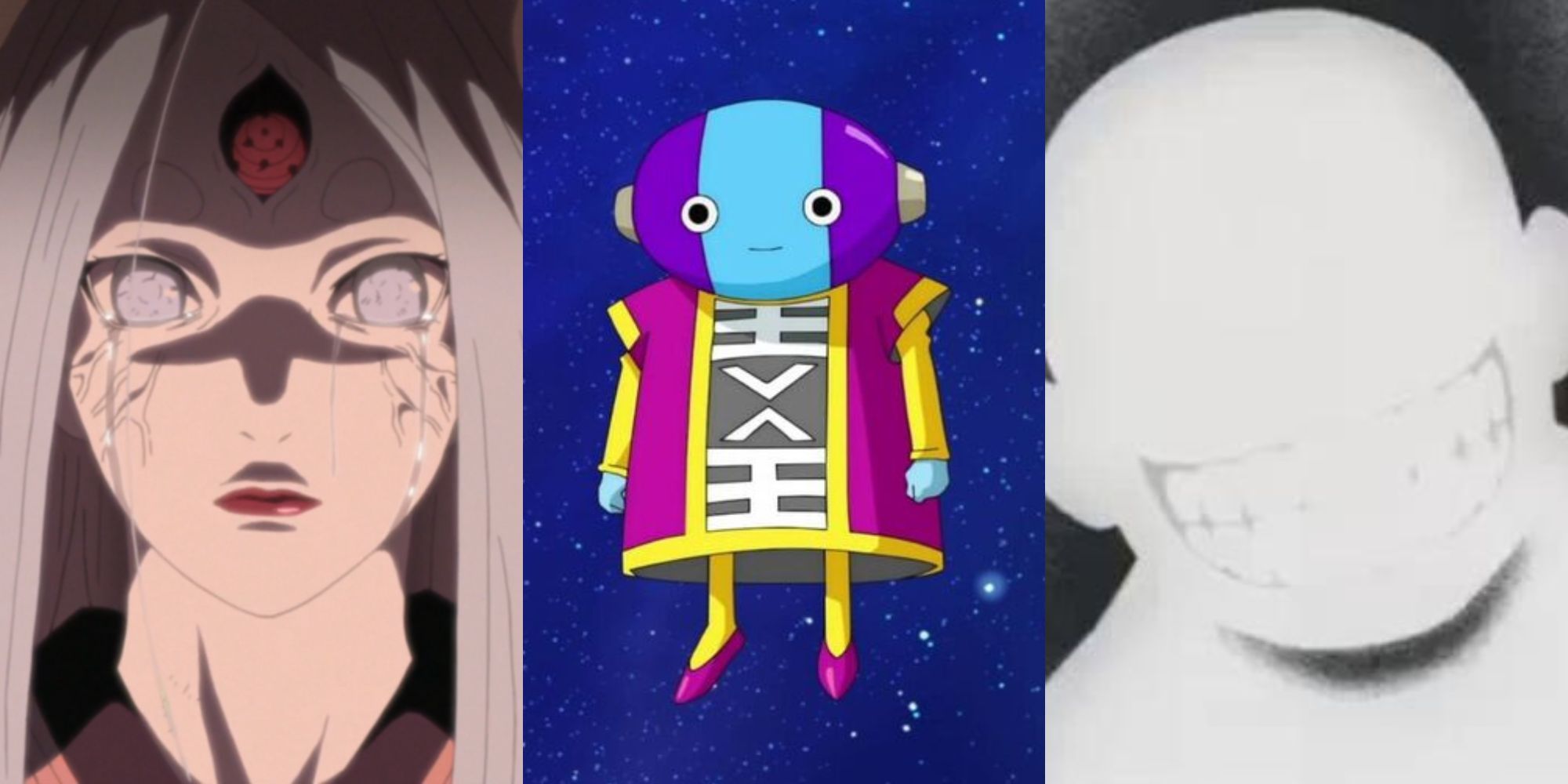 A collage of three powerful godlike characters from shonen manga: Kaguya from Naruto, Zeno from Dragon Ball and the Truth from Fullmetal Alchemist.