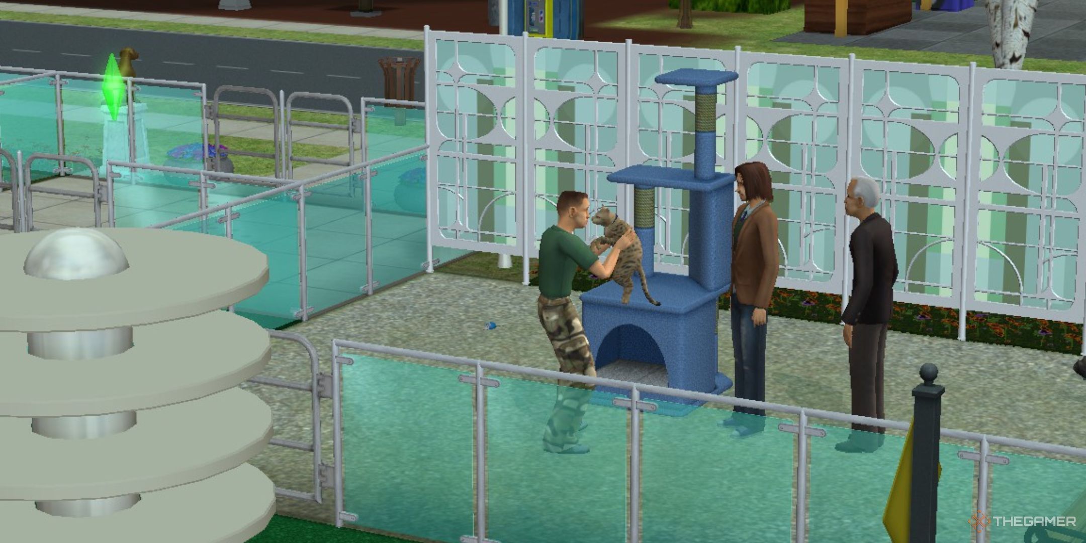 The Sims are interacting with pets in Planetary Pet Park in The Sims 2.