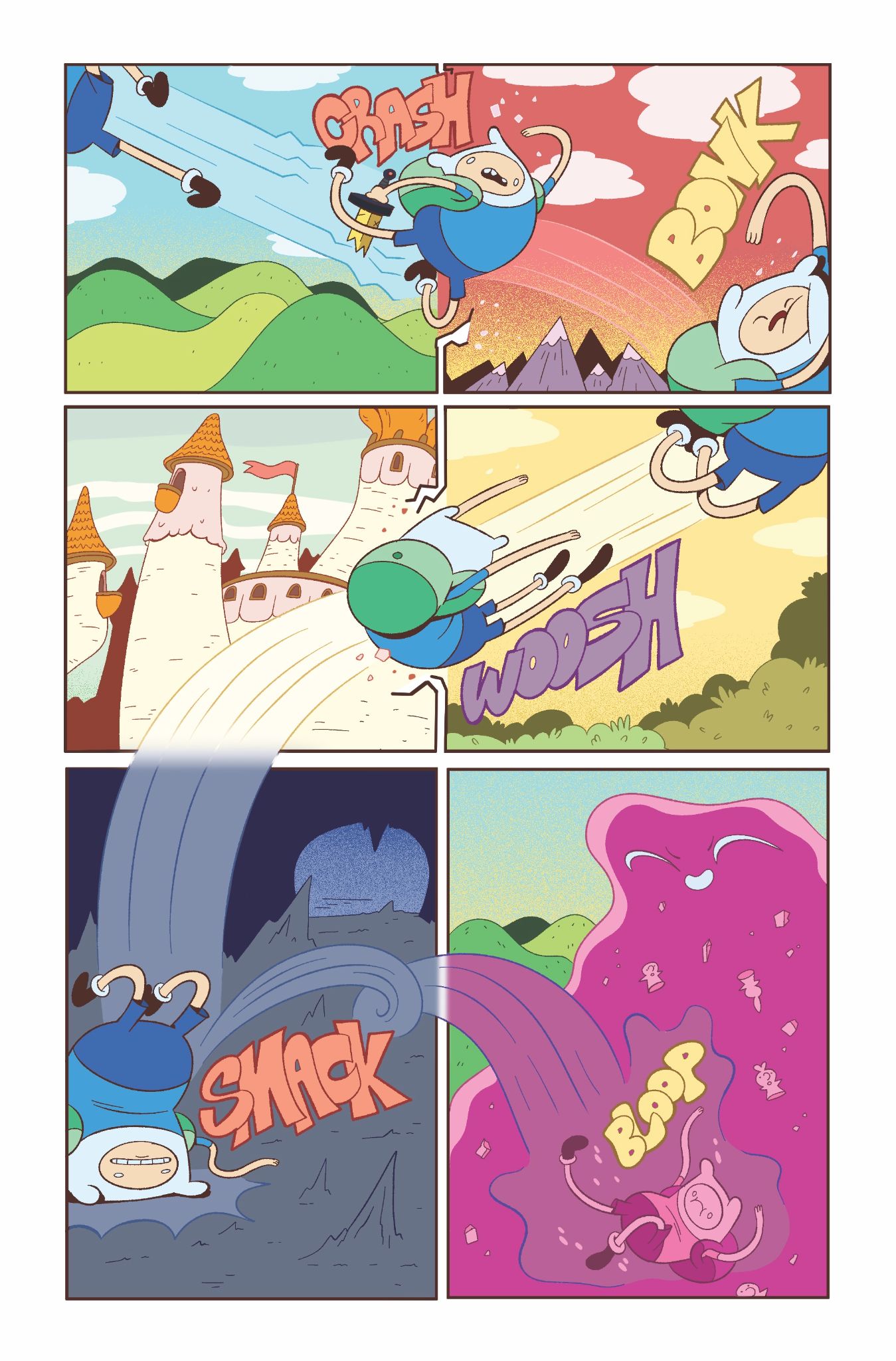 Interior pages from Adventure Time #1 show Finn and Jake getting into scrapes. 