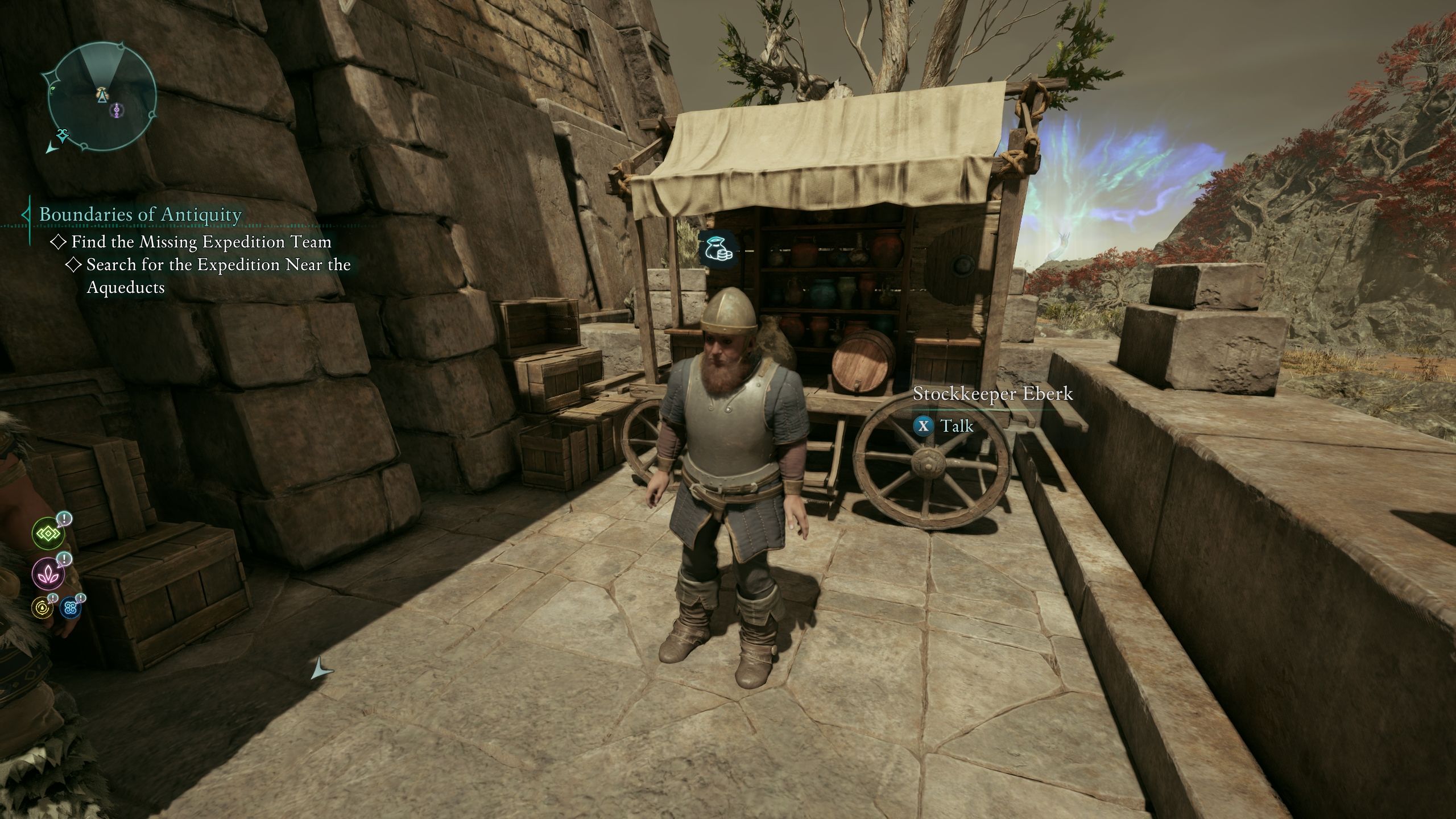 Player standing in front of the merchant that sells the My Royal Shield treasure map - Avowed