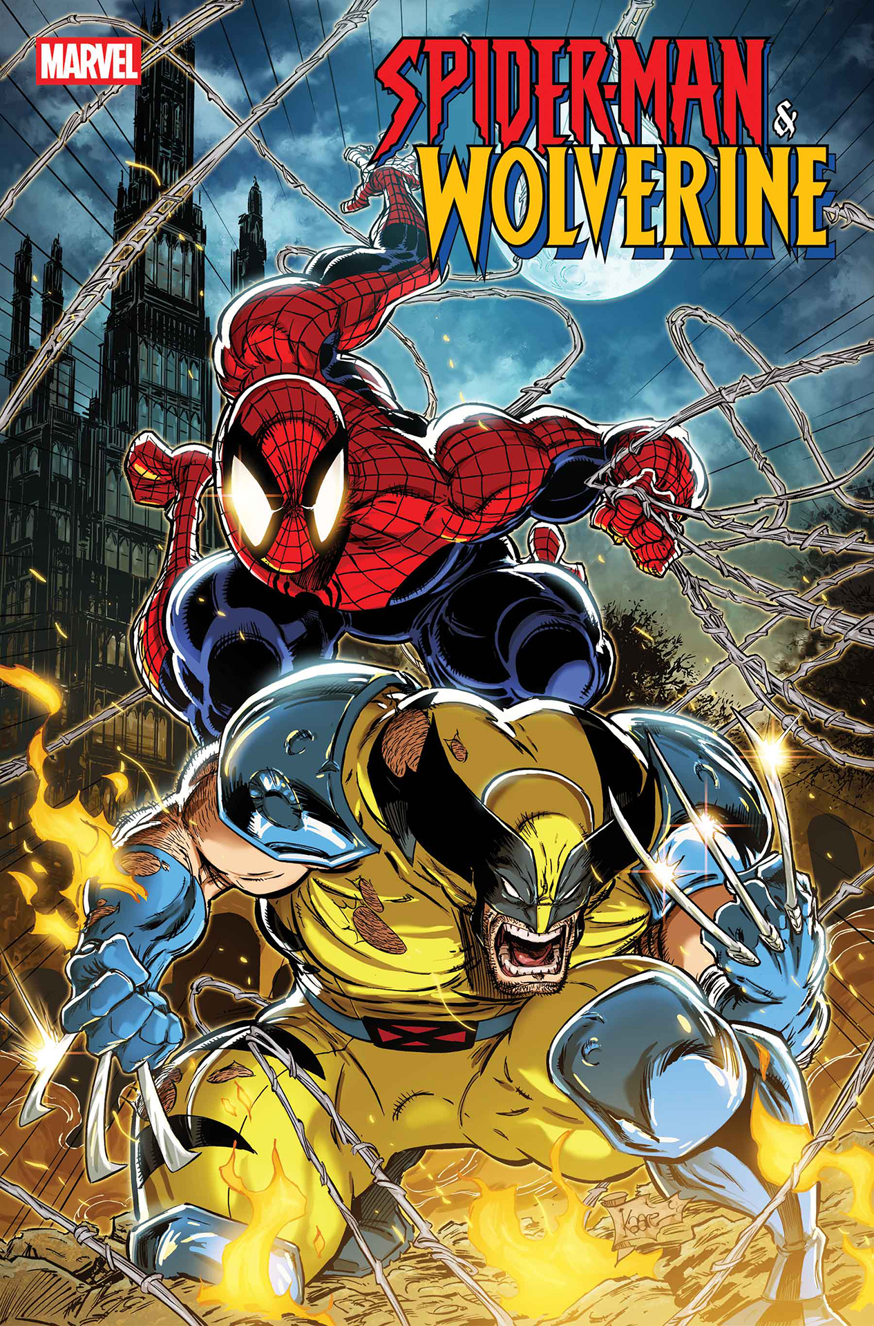 Spider-Man & Wolverine #1 cover by Kaare Andrews with Wolverine posing in a berserker rage as Spider-Man swings in behind him.