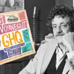 Black and white photograph of Kurt Vonnegut with the box for GHQ edited on top