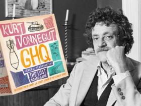 Black and white photograph of Kurt Vonnegut with the box for GHQ edited on top