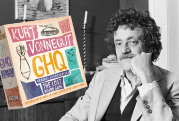 Black and white photograph of Kurt Vonnegut with the box for GHQ edited on top