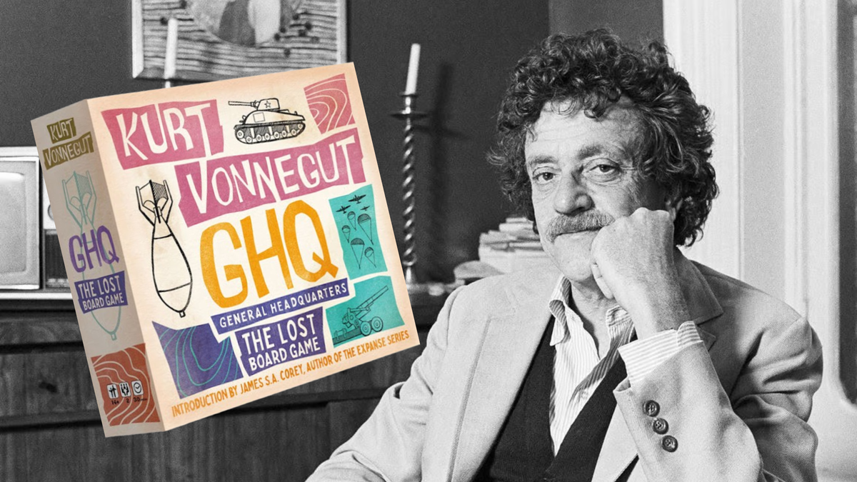 Black and white photograph of Kurt Vonnegut with the box for GHQ edited on top