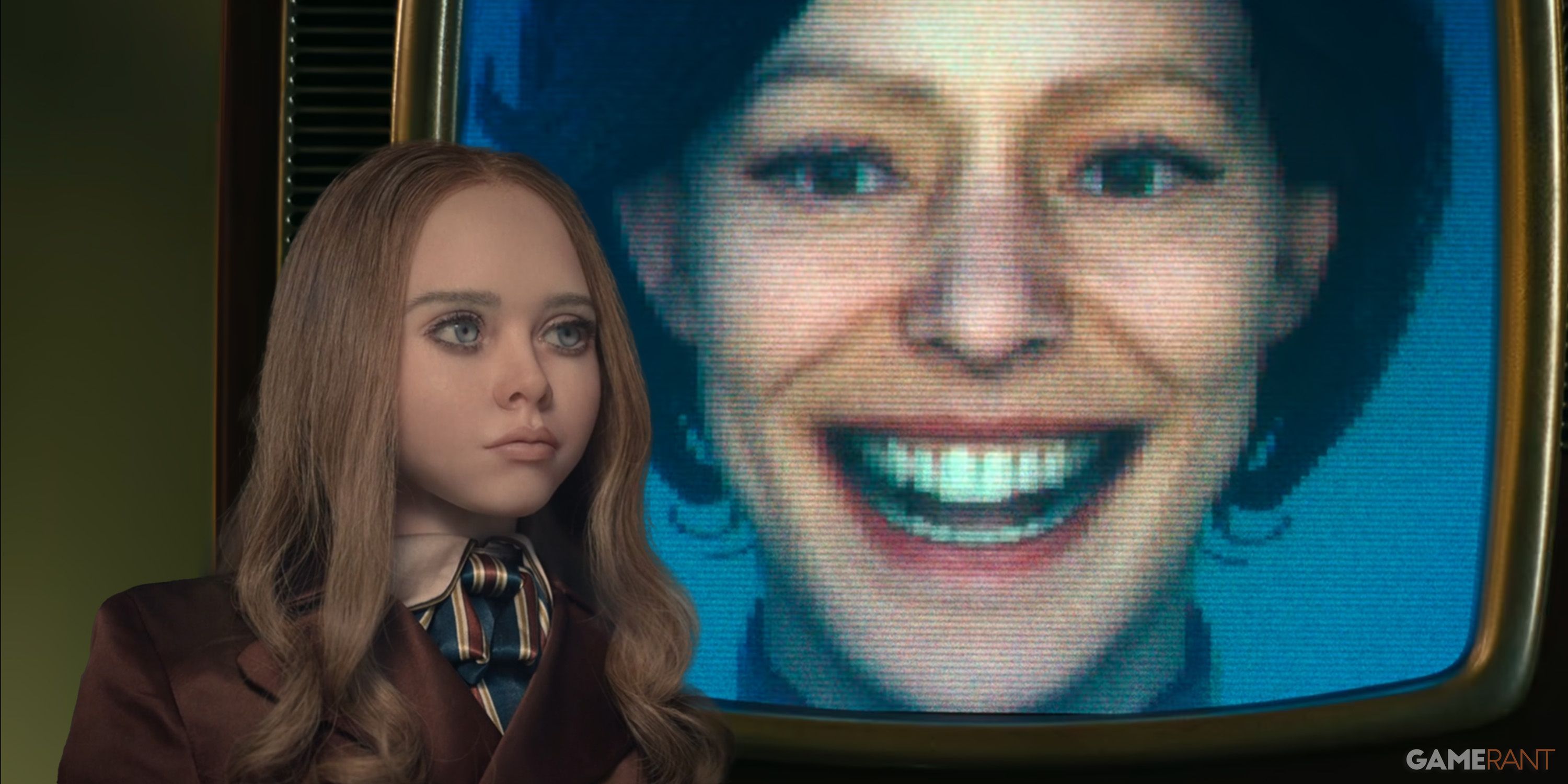 A cold M3gan looks at a menacingly smiling Cassandra [custom image for Gamerant].