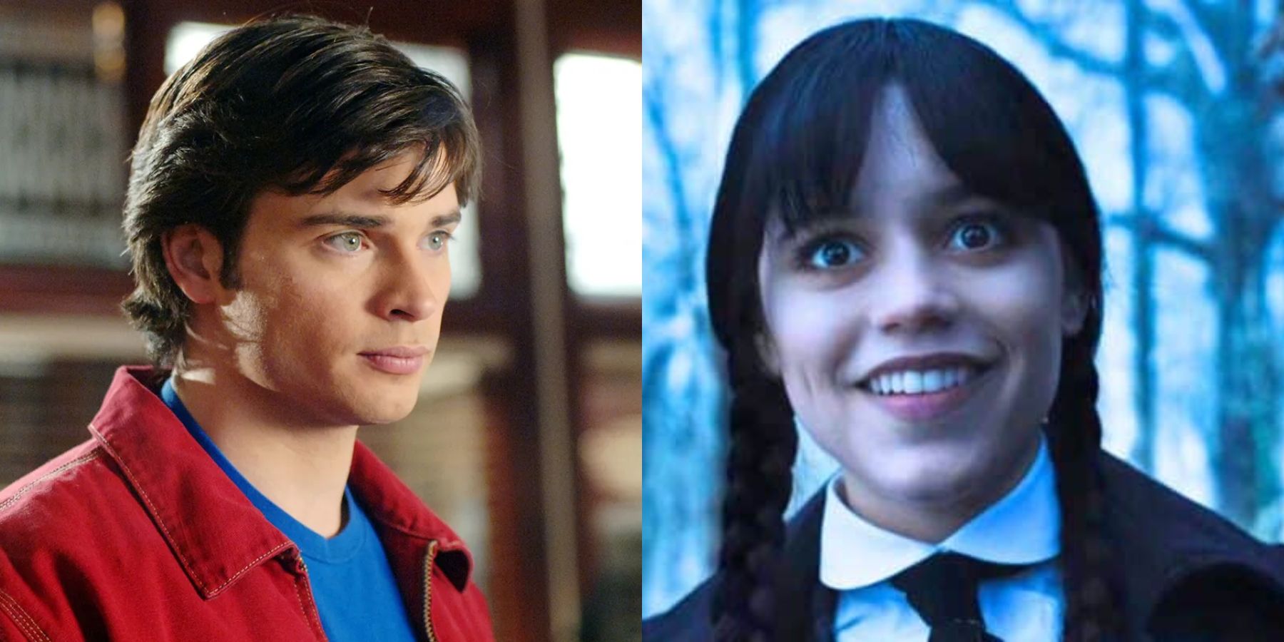 Split image of Clark Kent (Tom Welling) in Smallville and Wednesday Addams (Jenna Ortega) in Wednesday