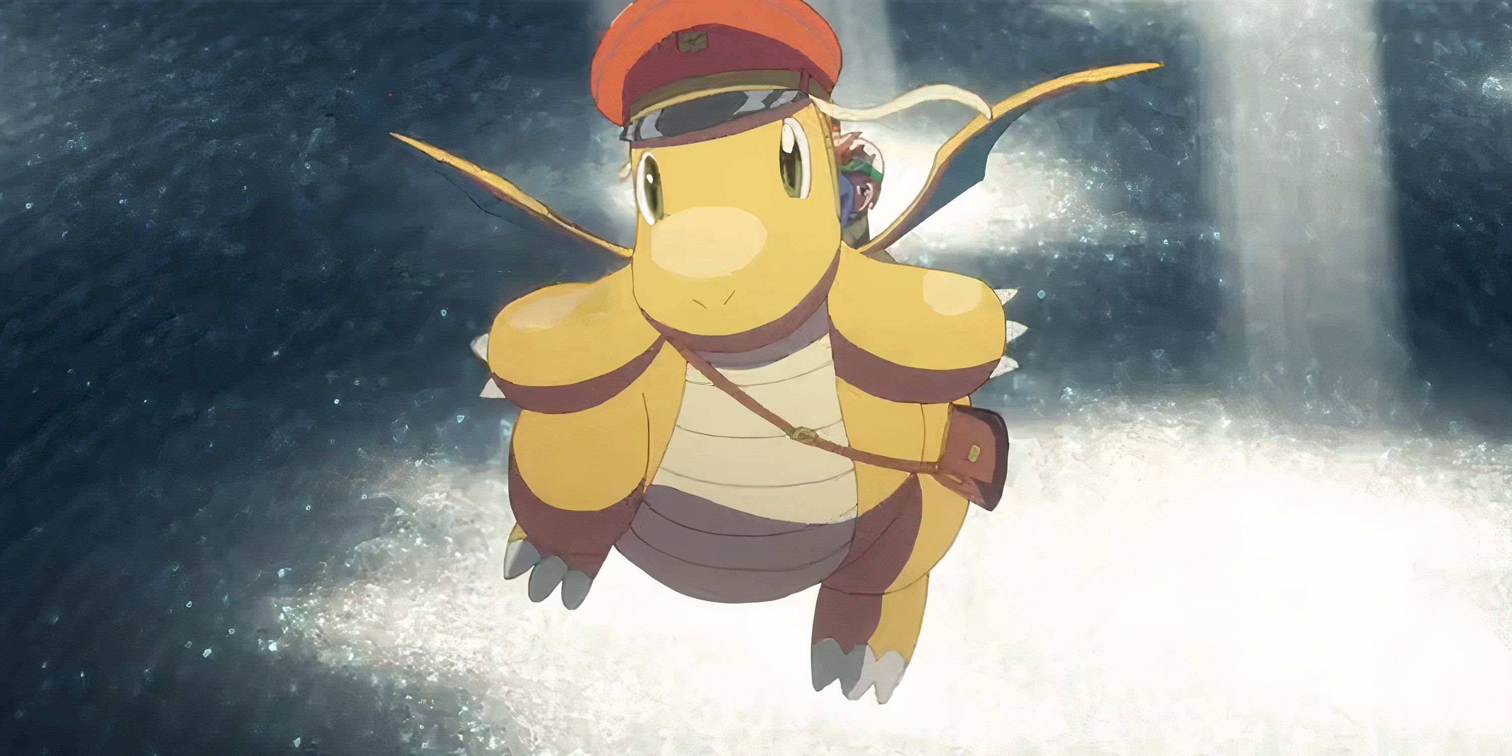 Dragonite soars over a sun-soaked body of water in Dragonite and the Postman.