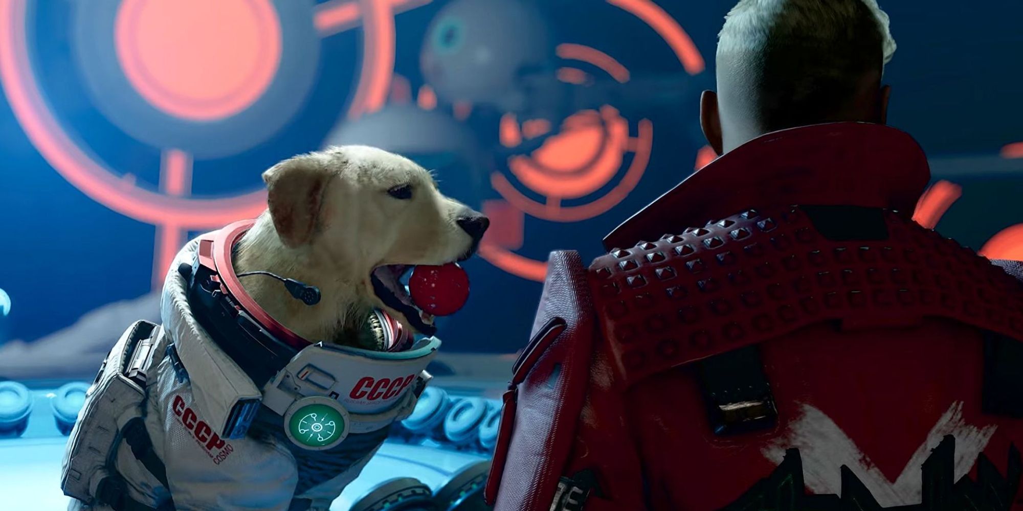 mid shot of Cosmo from Guardians of the Galaxy holding a red ball in his mouth with Peter Quill stood with his back turned