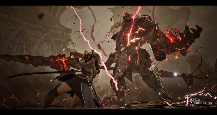 Tides of Annihilation showing protagonist Gwendolyn facing a giant knight with red lightning