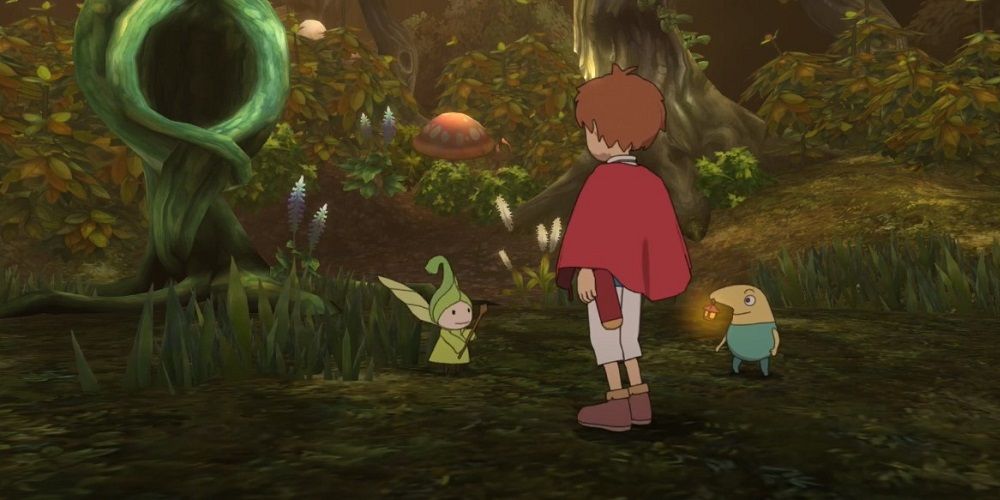 Ni No Kuni: Oliver and Drippy with the Seed Sprite in a cutscene.