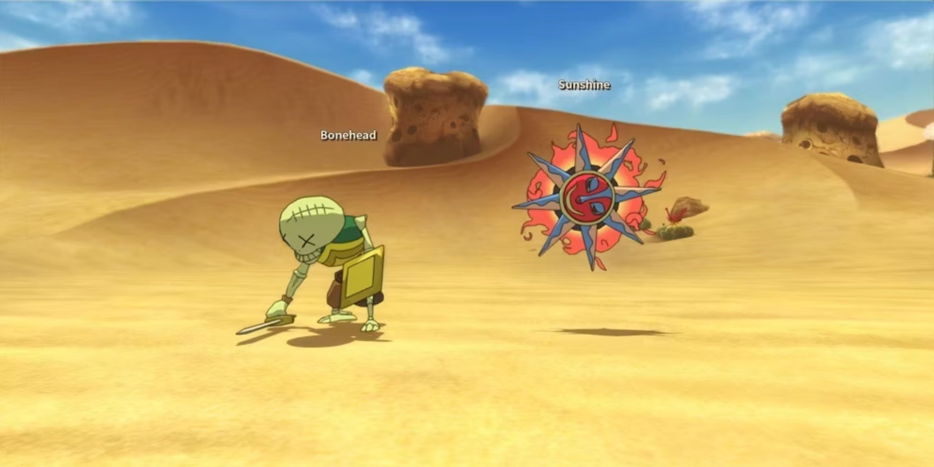 Ni No Kuni: Bonehead and Sunshine enemies, mid battle, in a desert area.