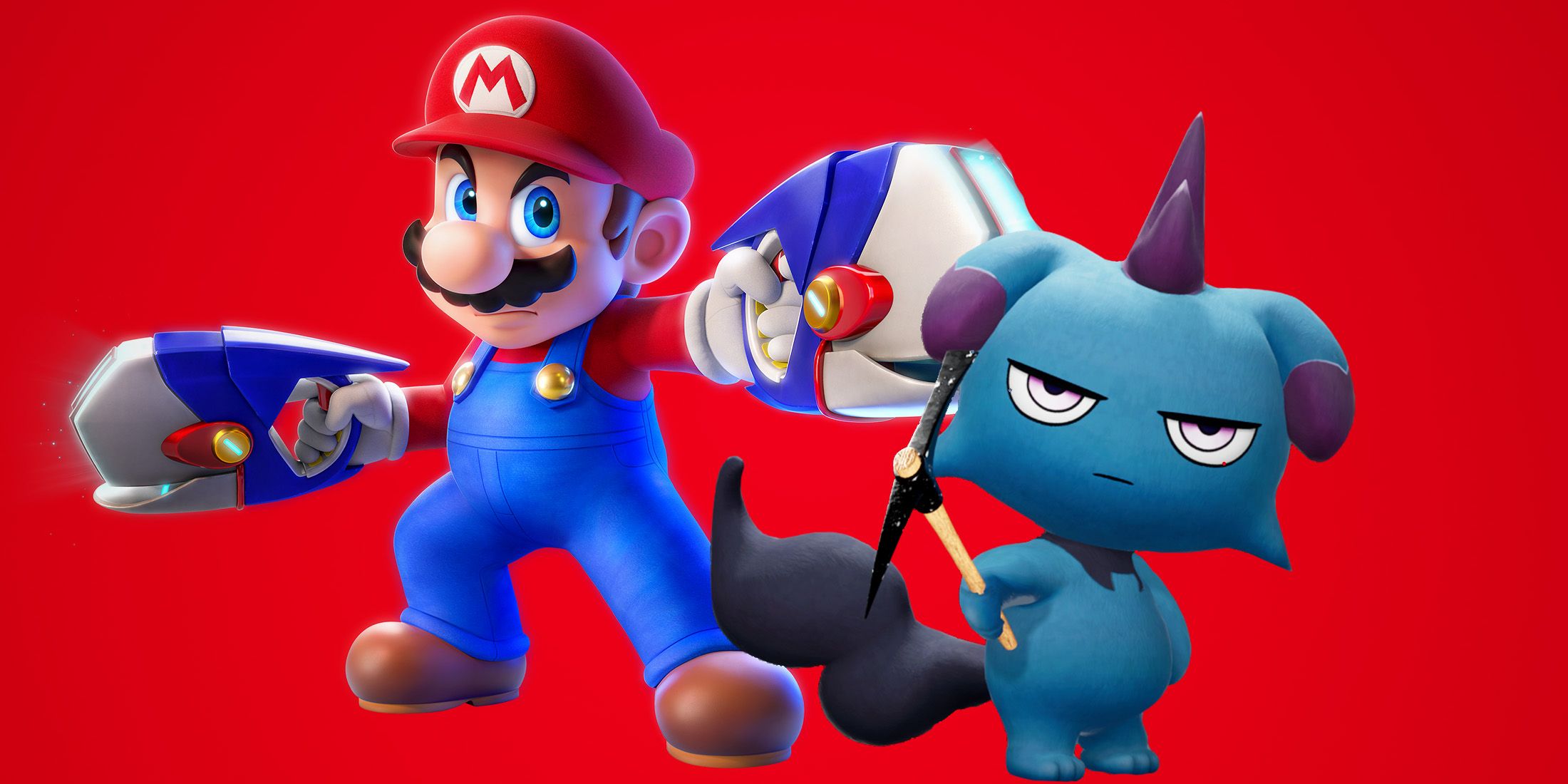 Super Mario and Palworld Pal Depresso on red background 2x1 composite