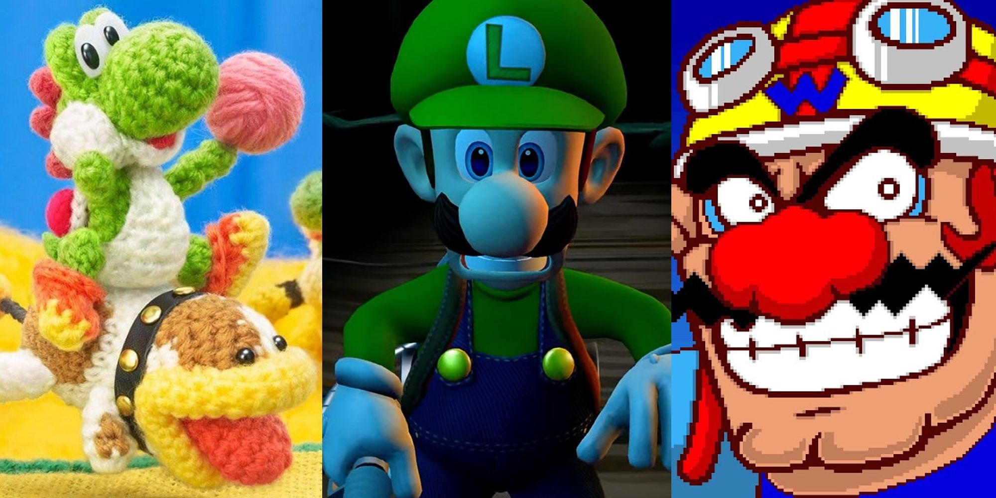 Yarn Yoshi riding Poochy; Luigi looking scared; Wario in his biker outfit