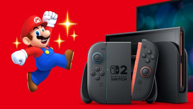 Mario jumps next to a Switch 2. 