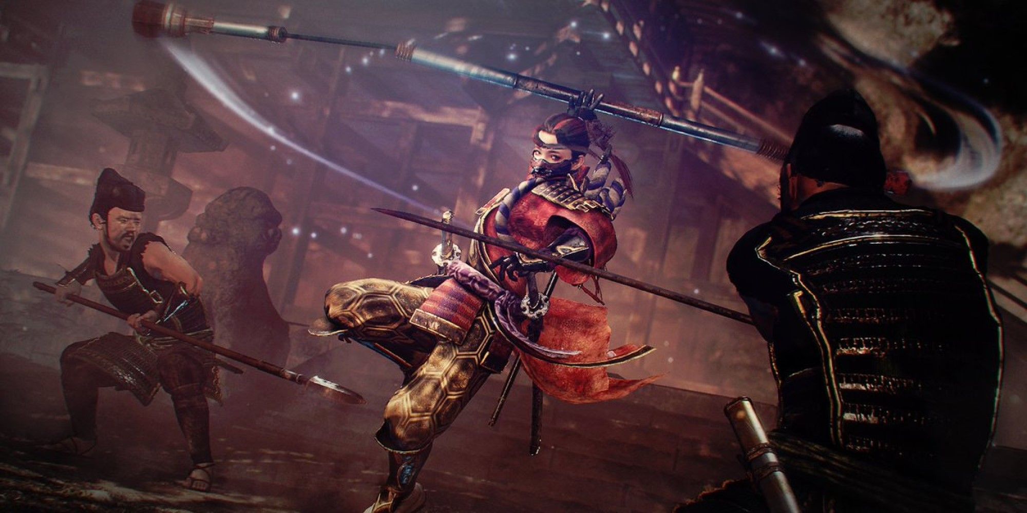 The player spinning a split staff while fighting two enemies in Nioh 2