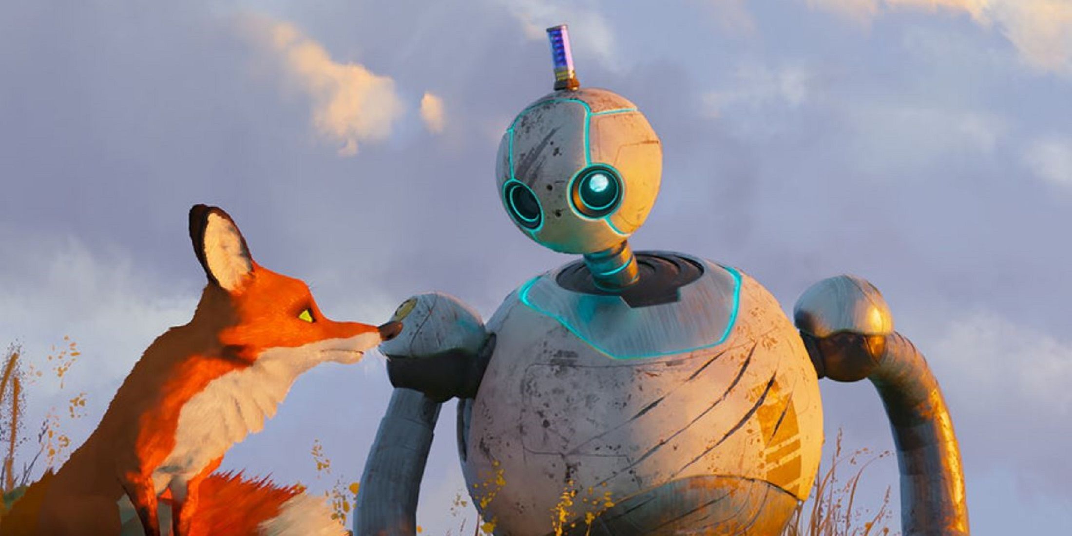 Fink (Pedro Pascal) and Roz (Lupita N’yongo) in DreamWorks Animation’s Wild Robot