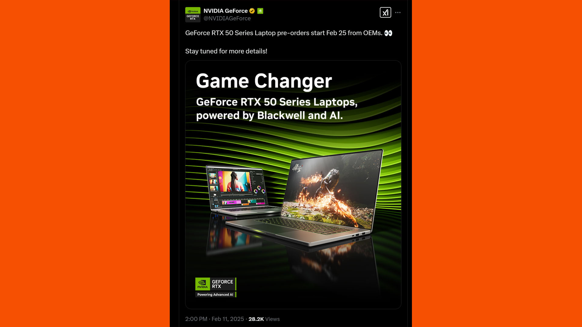 nvidia geforce rtx 50 gaming laptop pre-order tweet