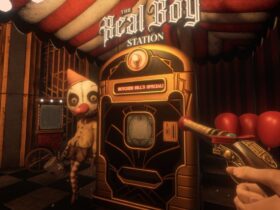 Screenshot from Twisted Tower, showing a first-person view of a 'Real Boy Station' vending machine with a freaky clown doll by its side.