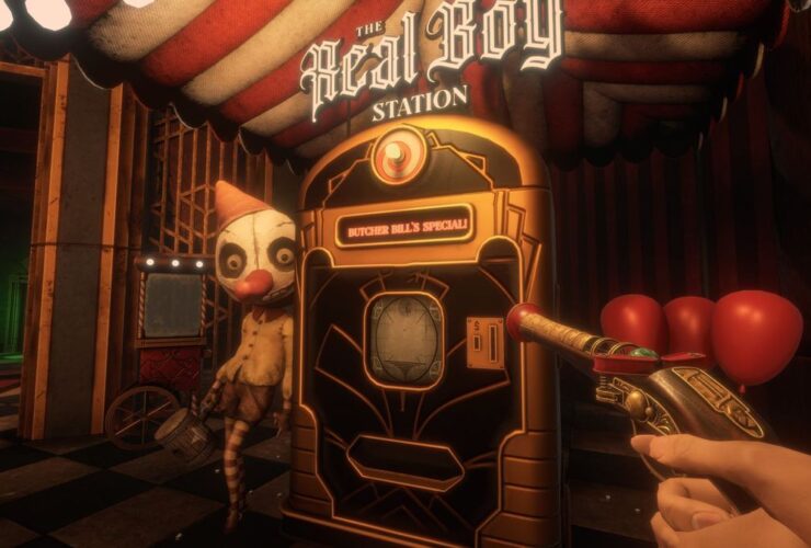 Screenshot from Twisted Tower, showing a first-person view of a 'Real Boy Station' vending machine with a freaky clown doll by its side.