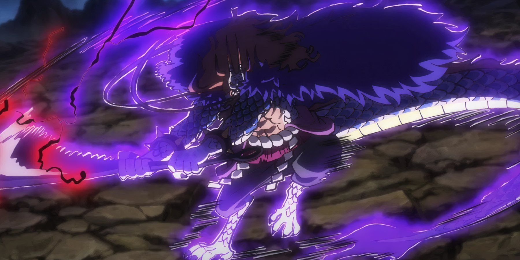 Kaido performs a Shuron Hakke attack while using Haki in his Hybrid Form in One Piece.