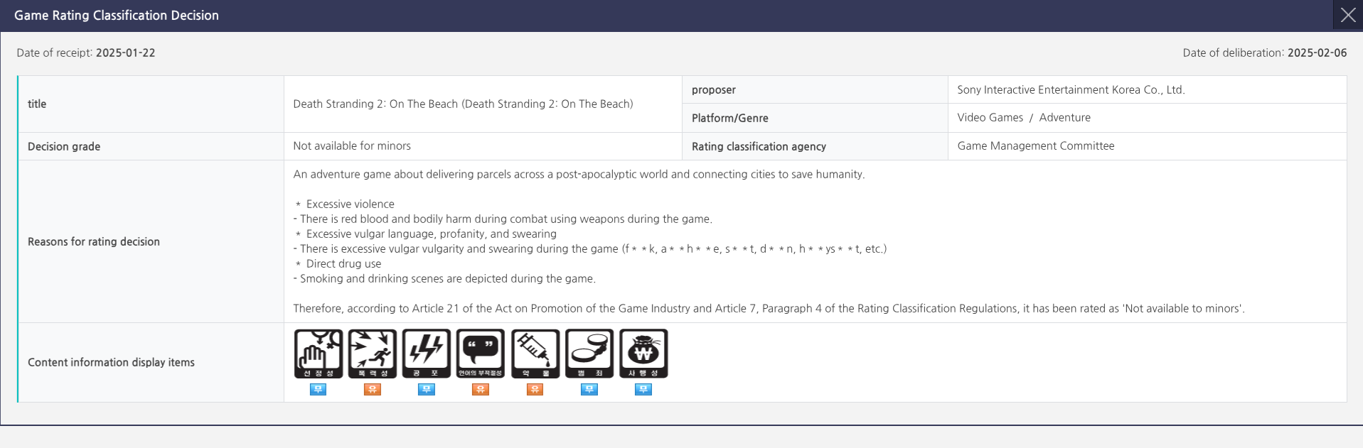 Death Stranding 2's age rating in Korea.