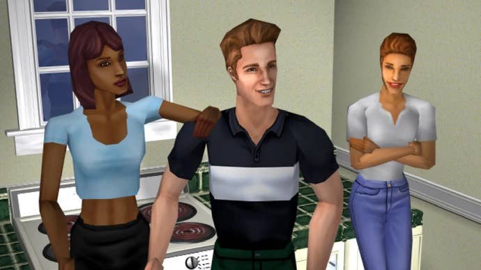 Three Sims - a man and two women - stand in a kitchen and grin rather eerily at the player.