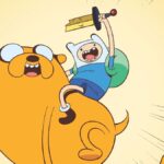 Finn riding Jake with a broken sword in the air.