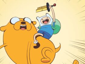 Finn riding Jake with a broken sword in the air.