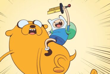 Finn riding Jake with a broken sword in the air.