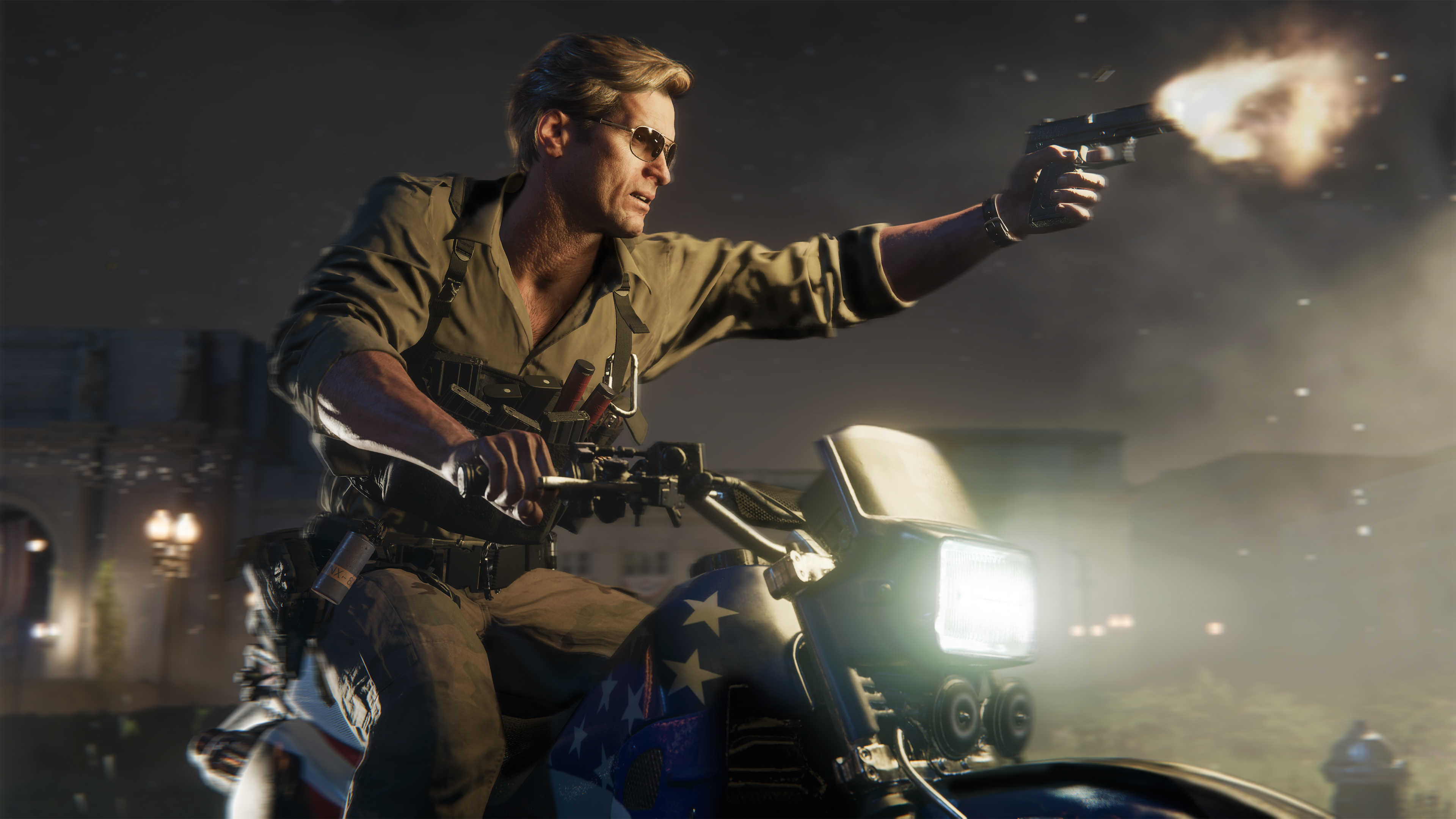 Call of Duty: Black Ops 6 screenshot showing Adler on a bike firing a gun