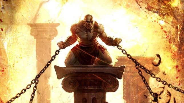 Kratos is chained to pillars. 