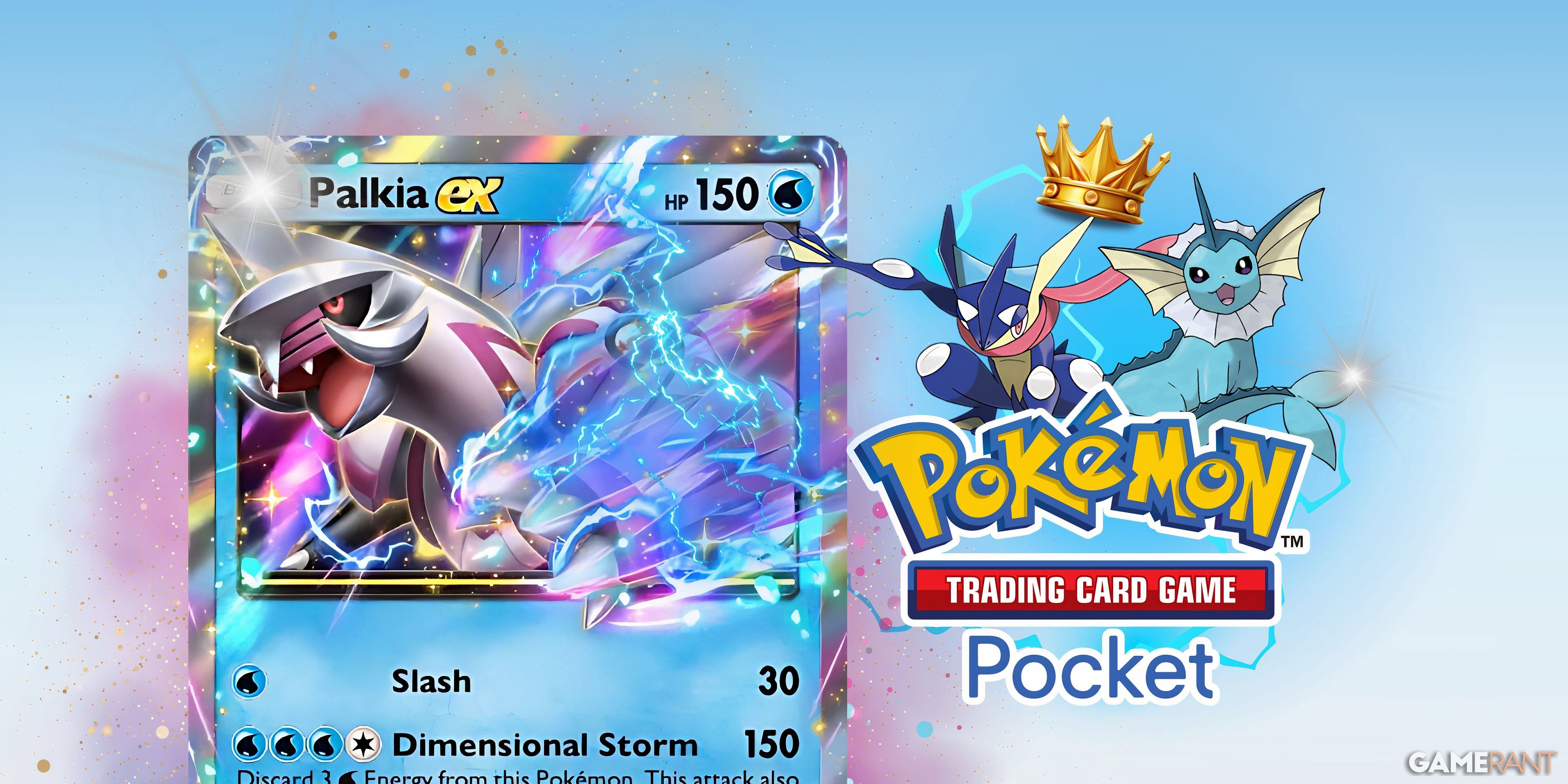 palkia ex, greninja, and vaporeon alongside pokemon tcg pocket's logo.