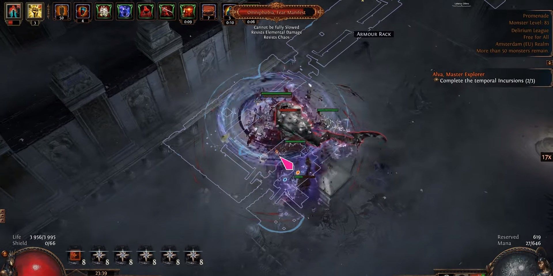 A screenshot of an Omniphobia battle in Path of Exile.