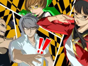 Persona 4 Golden All-Out-Attack cut-in screenshot featuring Kanji, Yu, Chie, and Yukiko.